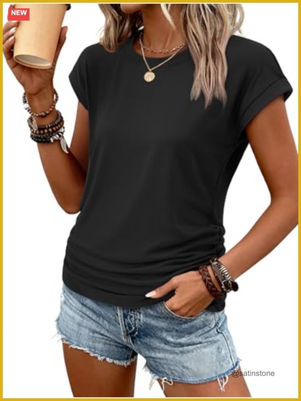 Ribbed Ruched Cap Sleeve Crewneck Tee